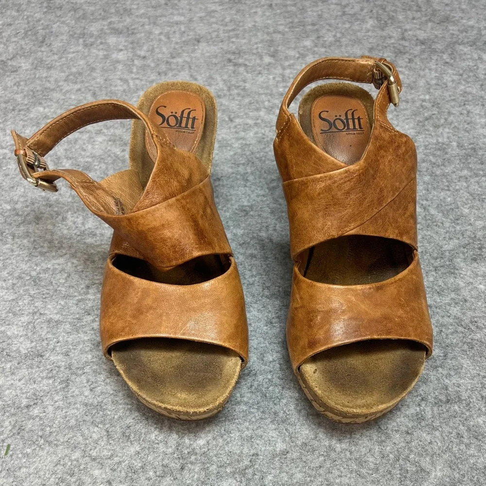 Sofft Women's Tan Brown Leather Cork Wedge Sandals Summer Size‎ 8M